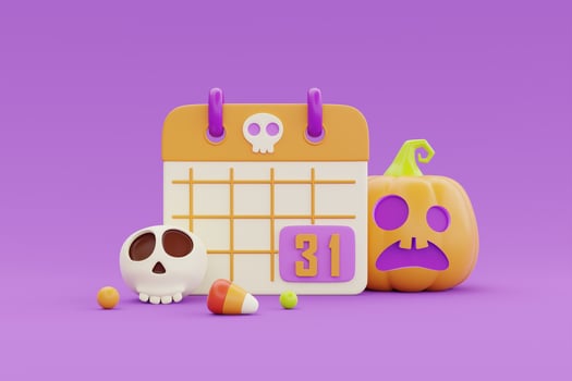 Happy Halloween with calendar, Jack-o-Lantern pumpkins, colorful candies on purple background, traditional october holiday, 3d rendering. photo