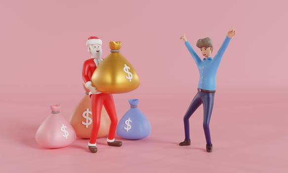 Santa Claus gives a bag of money to a businessman, Financial concept, money saving, 3d render illustration. photo