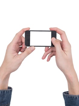 Male hands holding a mobile phone with touch blank white screen on white background. photo