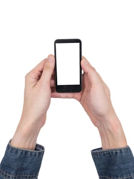 Male hands holding a mobile phone with touch blank white screen on white background. photo