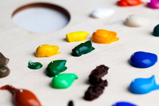 oil and acrylic paints in blue, red and other colors photo
