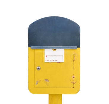 Yellow post box on the white background. photo