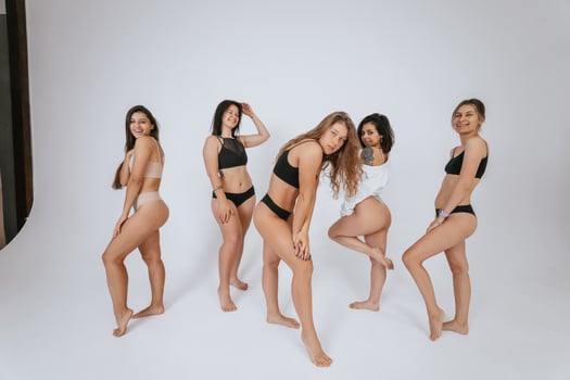 diverse models wearing comfortable underwear, enjoying time together photo