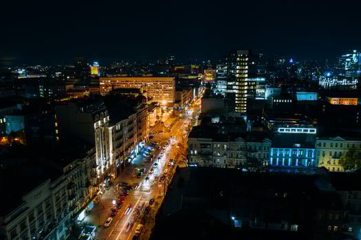 High-altitude aerial view of the city at night photo