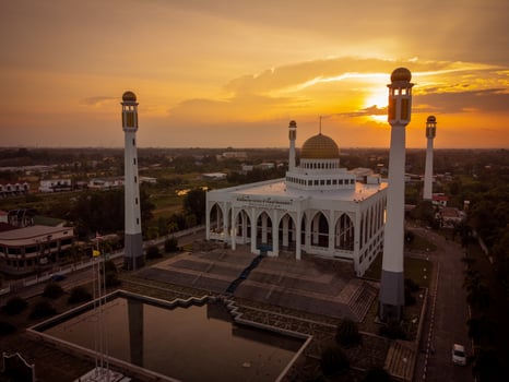 Area of Central Mosque in Songkhla province, Southern of Thailand. Photo reflection of shadow by polished floor