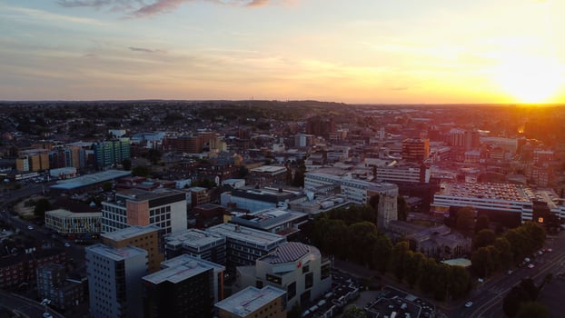 Drone's high angle Aerial view of City Center of Luton Town of England and Train Station photo