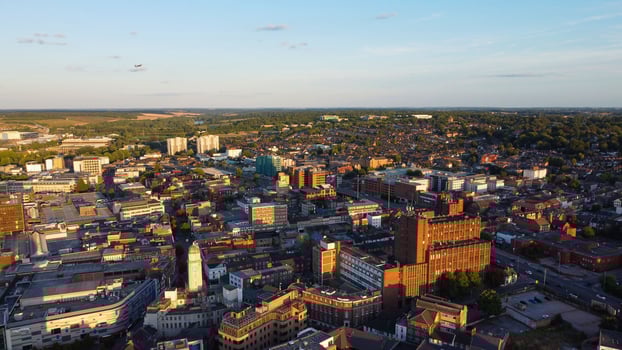 High Angle Drone's Footage of Central Luton Railway Station and aerial view of City centre England UK photo