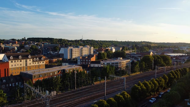 High Angle Drone's Footage of Central Luton Railway Station and aerial view of City centre England UK photo