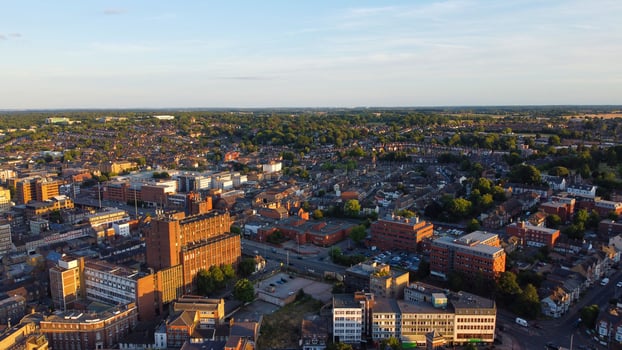 High Angle Drone's Footage of Central Luton Railway Station and aerial view of City centre England UK photo