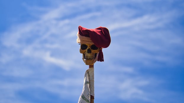 skull on a stick with cap. Taken at a medieval festival. Eerily beautiful photo