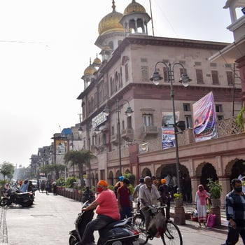 Old Delhi, India, April 15, 2022 - Gurudwara Sis Ganj Sahib is one of the nine historical Gurdwaras in Old Delhi in India, Sheesh Ganj Gurudwara in Chandni Chowk, opposite Red Fort in Old Delhi India photo