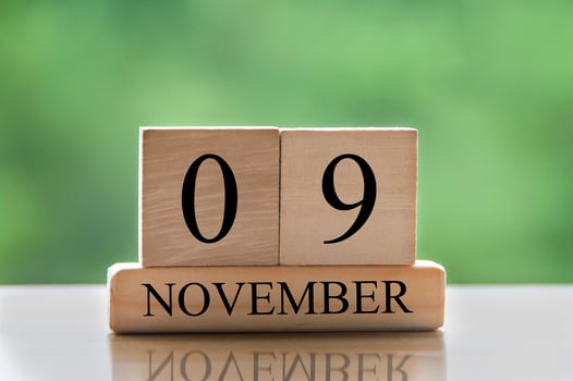 November 9 calendar date text on wooden blocks with copy space for ideas or text. Copy space photo