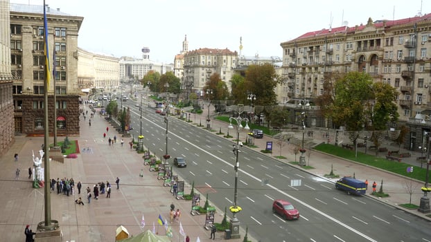 KYIV, UKRAINE May 4, 2020 Khreshchatyk, the capital of Ukraine, on a sunny day photo