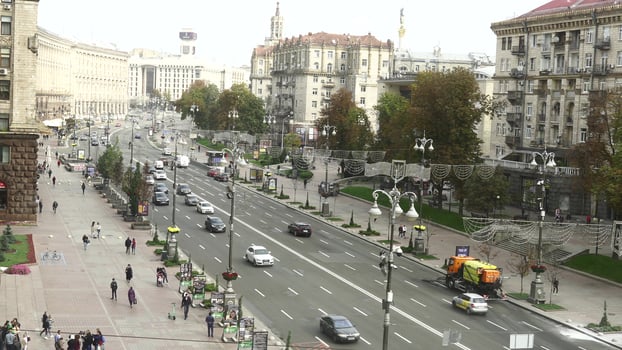 KYIV, UKRAINE May 4, 2020 Khreshchatyk, the capital of Ukraine, on a sunny day photo