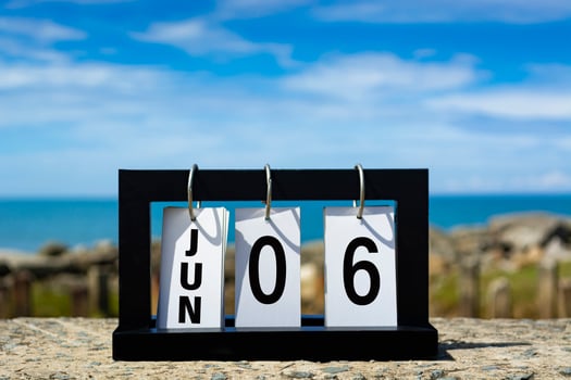 Jun 06 calendar date text on wooden frame with blurred background of ocean. photo