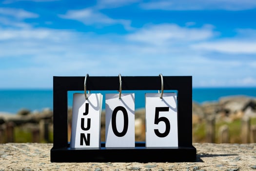 Jun 05 calendar date text on wooden frame with blurred background of ocean. photo