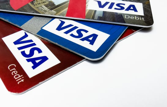 Choice of VISA and Mastercard credit cards. Closeup of VISA and Mastercard credit cards. Warsaw, Poland. April 16, 2021 photo