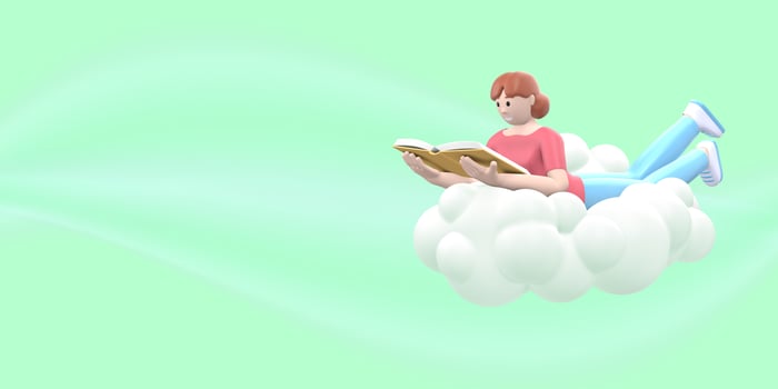 Literature fan a young girl in the sky on a cloud is reading a book. Funny, abstract cartoon people on a green background. 3D rendering. photo