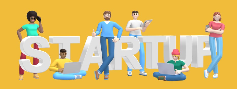 Group of young multiethnic successful people with laptop, tablet, phone and word startup on yellow background. Horizontal banner cartoon character and text website slogan. 3D rendering. photo
