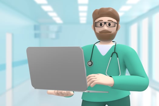 White man doctor in the medical interior of the hospital holds a laptop. Cartoon person. 3D rendering. photo