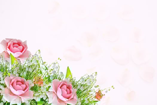 Floral background. Flowers roses and lilies of the valley. photo