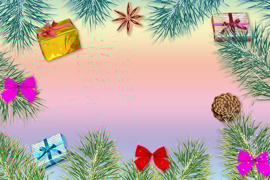 Winter background. Christmas composition with spruce branches and gifts. photo