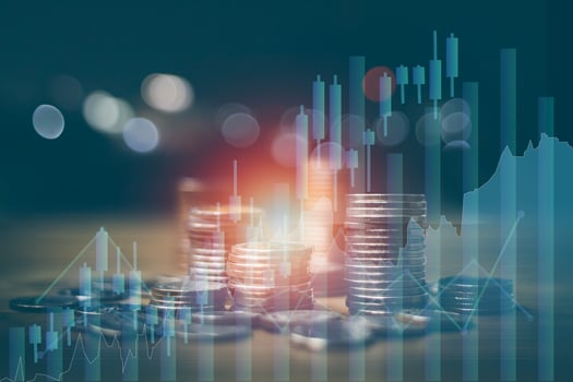 Business Finance and Money Save concept, rows of coins lined up There is a graph showing growth and savings to plan for independent spending. photo