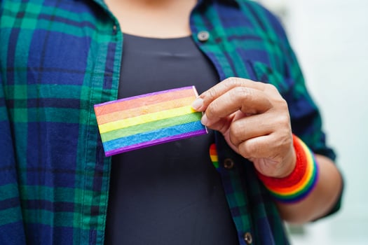 Asian woman with rainbow flag, LGBT symbol rights and gender equality, LGBT Pride Month in June. photo