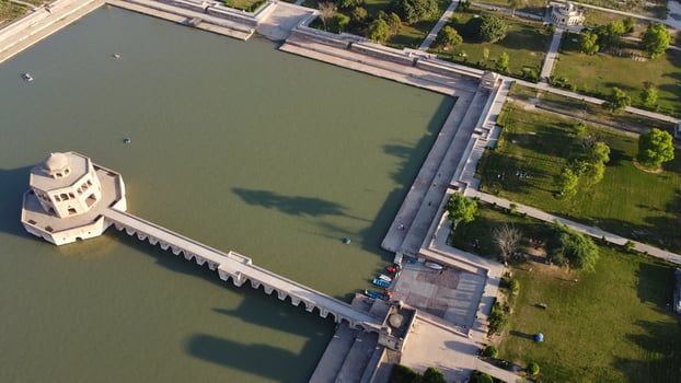High Angle Aerial View of Historical Mughals Hiran Minar and village of Sheikhupura Pakistan photo