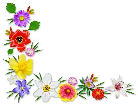 Frame of bright spring flowers. Floral background. photo