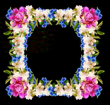 Frame of bright and colorful flowers isolated on a black background. photo