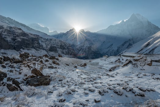 Sunrise over the Machapuchare mountain view from Annapurna base camp in Nepal. Annapurna Sanctuary Trek is most popular trek destination of Annapurna region. photo