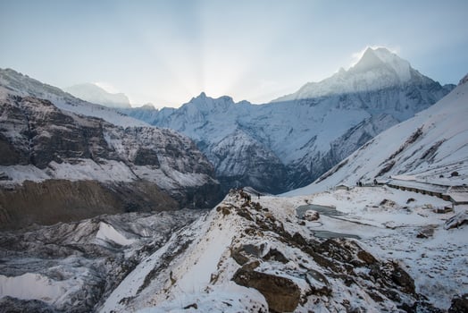 Sunrise over the Machapuchare mountain view from Annapurna base camp in Nepal. Annapurna Sanctuary Trek is most popular trek destination of Annapurna region. photo