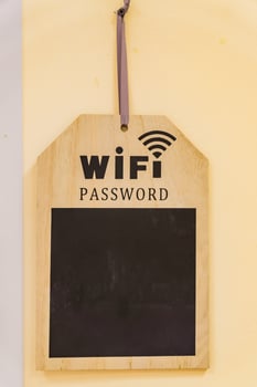 wooden desk for wifi password on the wall photo