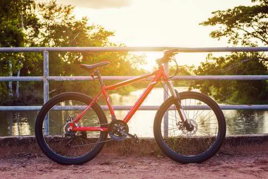 Bicycle parked between the way and sunset photo