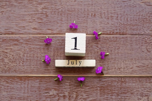 first day of July, colorful background with calendar and pink flowers photo