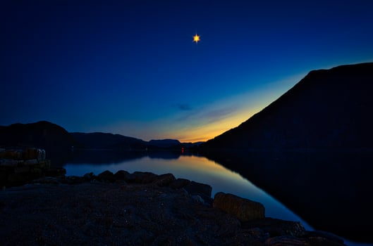 Fishing vacation in Selje Norway. the blue hour on the fjord. photo