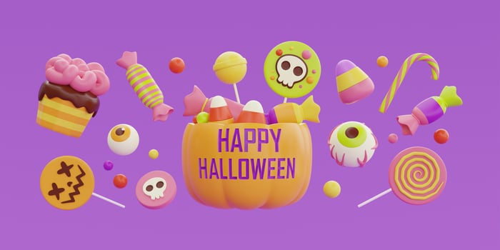 Happy Halloween with Jack-o-Lantern pumpkins basket full of colorful candies and sweets floating on purple background, 3d rendering. photo