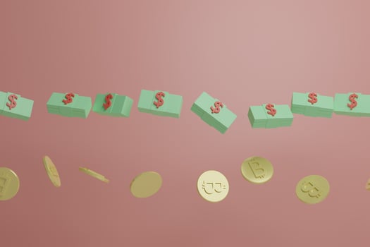 Bitcoin and dollar coins with orange background,3d render, 3d illustration, modern color, minimalist design. photo