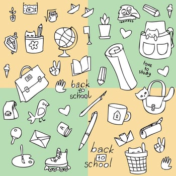 Pictures of objects that are symbols of the school, classes, hobbies of students. Each picture can be used as an independent. It can also be a background and pattern for textiles. photo