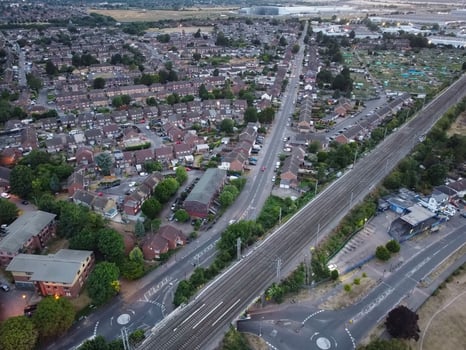 High angle aerial view of Luton City of England at Sunset Night. photo