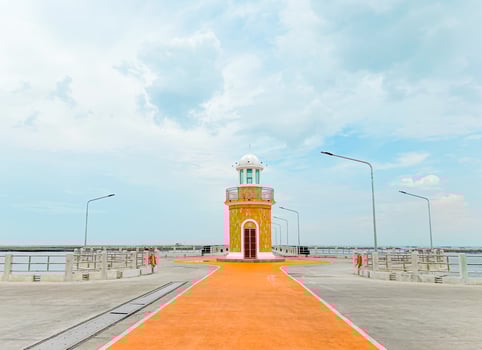 Panorama of the morning atmosphere,Lighthouse of Ang Sila Market, the center of Chonburi's seafood for tourists.Chonburi Province Thailand photo