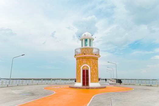 Panorama of the morning atmosphere,Lighthouse of Ang Sila Market, the center of Chonburi's seafood for tourists.Chonburi Province Thailand photo