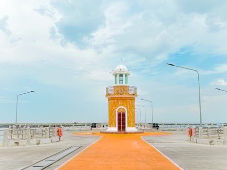 Panorama of the morning atmosphere,Lighthouse of Ang Sila Market, the center of Chonburi's seafood for tourists.Chonburi Province Thailand photo