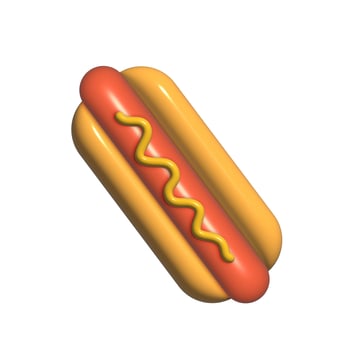 3D Hot Dog in a bun covered in mustard cartoon icon Illustration. 3D Fast Food hotdog concept isolated in cartoon style on white. photo