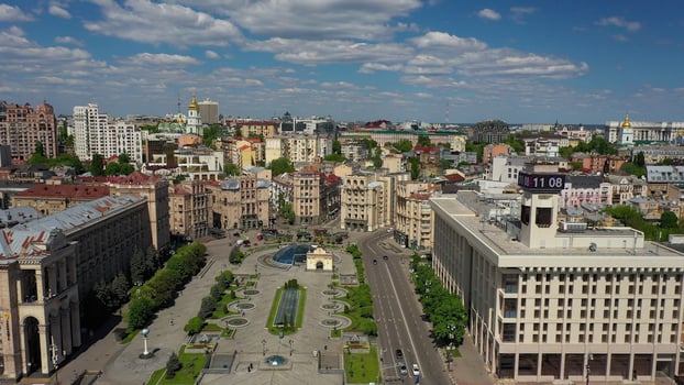 30.05.2020 Kiev Ukraine. Aerial photo of Maidan Nezalezhnosti.