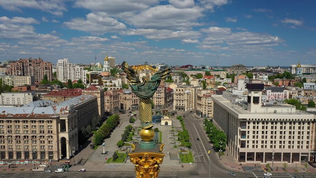 30.05.2020 Kiev Ukraine. Aerial photo of Maidan Nezalezhnosti.