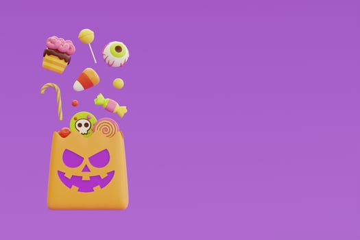 Happy Halloween with yellow bag full of colorful candies and sweets floating on purple background, traditional october holiday, 3d rendering. photo