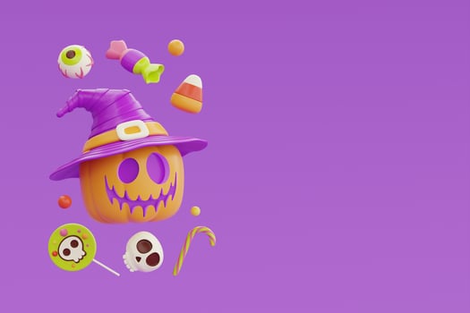 Happy Halloween with Jack-o-Lantern pumpkins character wearing witch hat, colorful candies and sweets floating on purple background, 3d rendering. photo
