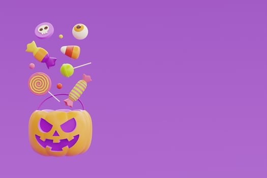 Happy Halloween with pumpkin basket full of colorful candies and sweets floating on purple background, traditional october holiday, 3d rendering. photo